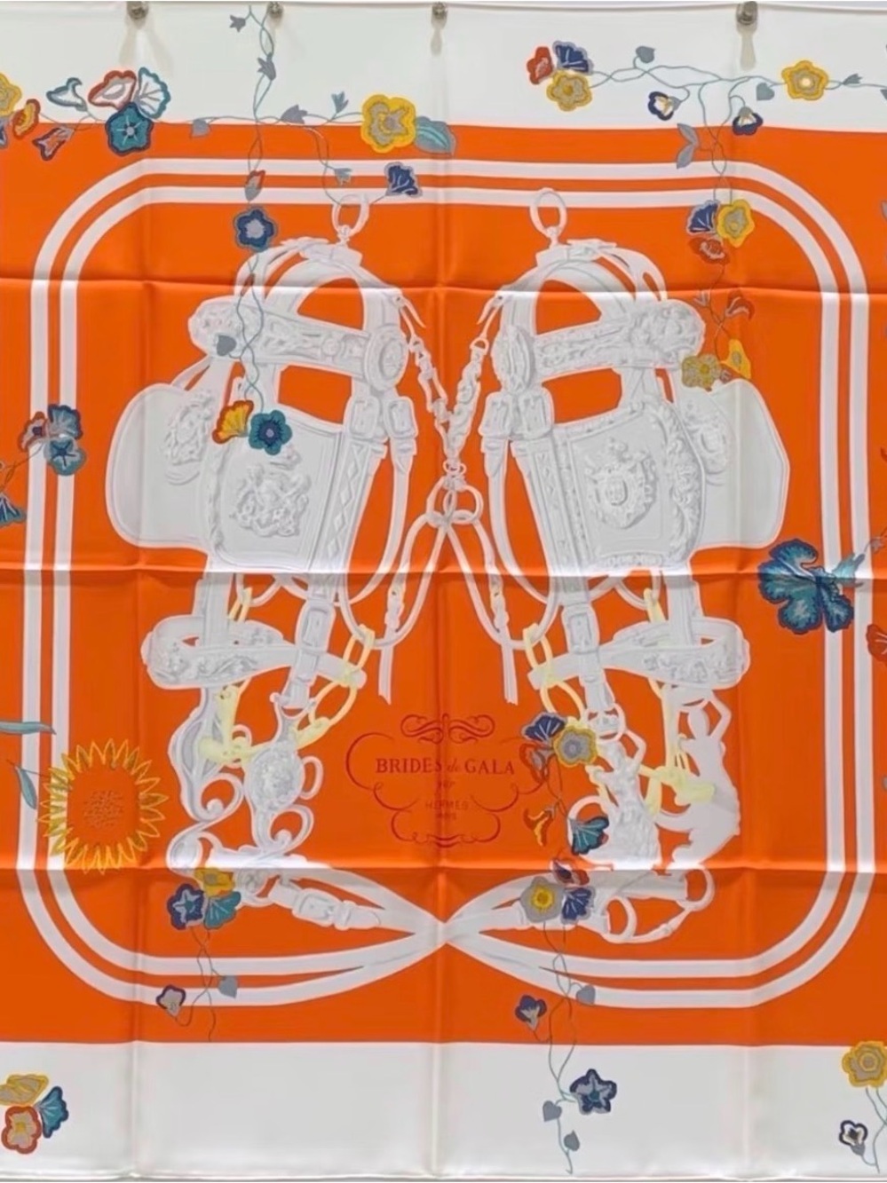 Hermes Orange White 'Brides de Gala' Silk Scarf